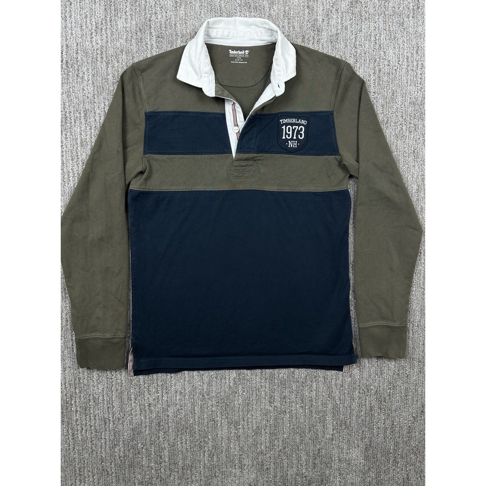 Timberland Rugby Shirt Mens M Green Navy Stripe Heavy Cotton Embroidery
